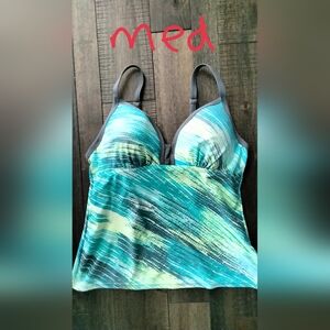 Teal and Gray Patterned Tankini Top